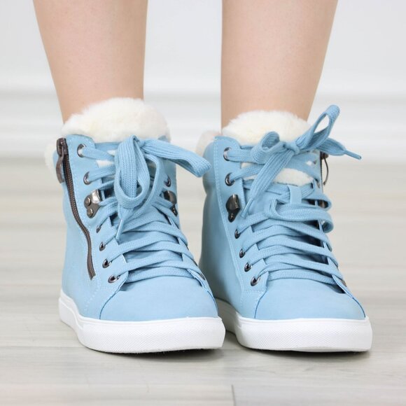High Tops Womens Fashion Sneakers Shoes Fuzzy Ankle Light Blue - Picture 2 of 13
